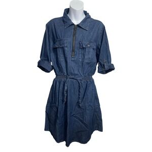 Millenium Blue Denim Shirt Dress XL Half Zip Short Sleeve Elastic Waist Tie Belt